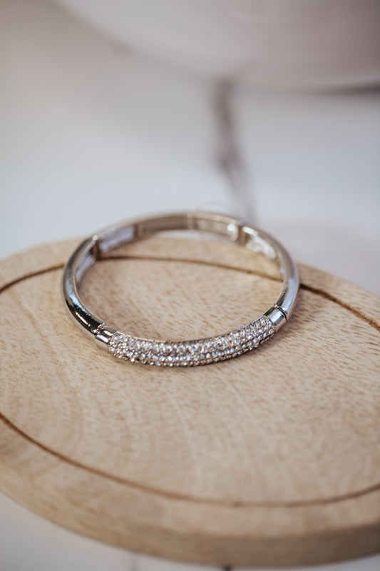 rhinestone crusted elastic silver bangle bracelet