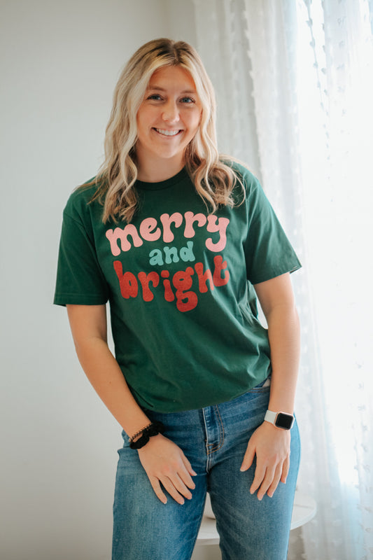 womens dark green merry and bright screen print graphic tee