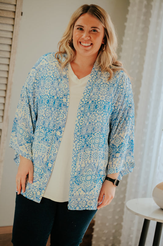 plus size womens white blue kimono 