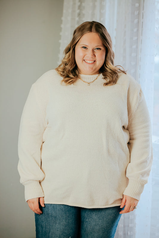 plus size womens ivory chenille knit long sleeve crew neck sweater