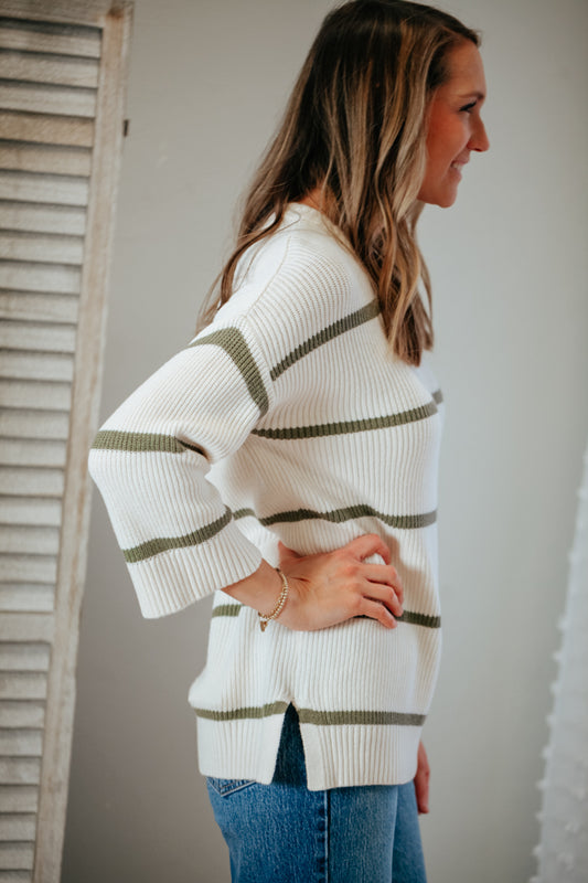 Striped 3/4 Length Sleeve Sweater
