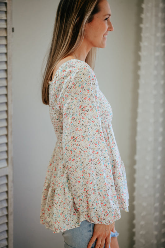 Smocked Floral Long Sleeve Top