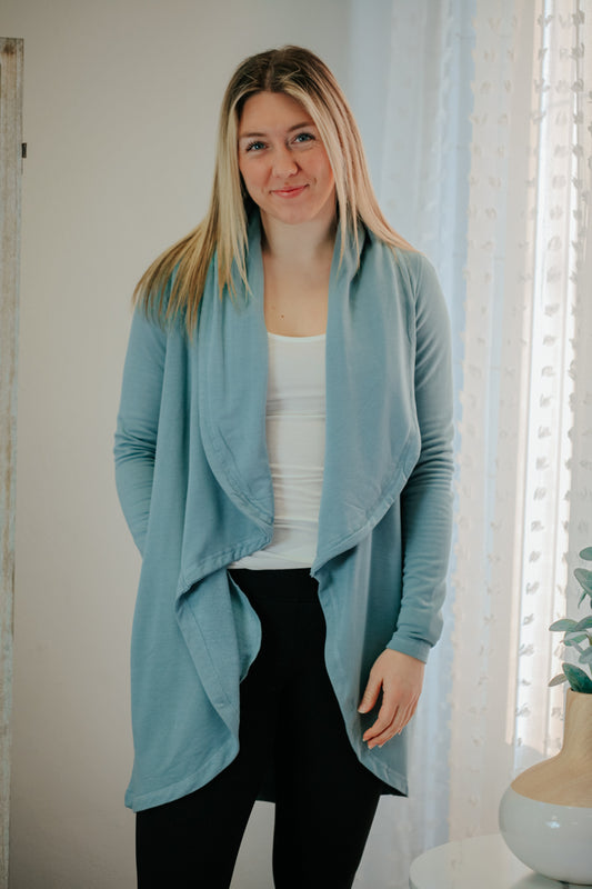womens blue fleece lined pocket knit lapel cardigan mono b