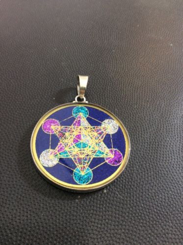 Metatron’s Cube Lapis Gemstone 1 5/8" Medallion pendant Sterling Silver Mystical