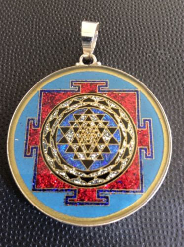 Sri Yantra Om Mandala 1.58 Turquoise Gem Medallion Pendant Sterling Silver #gift