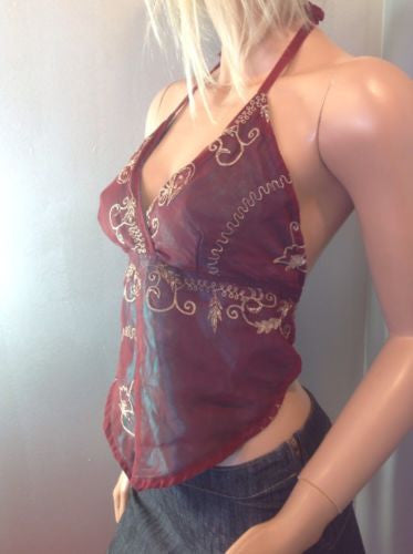 NWT $49 Gold Embroidery Threads Indian Halter Top Iridescent Burgundy Over Green