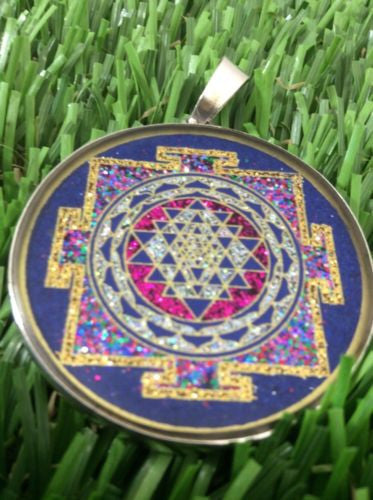 Sri Yantra Om Lapis Gemstone 1 5/8" Medallion Pendant Necklace Sterling S #gift