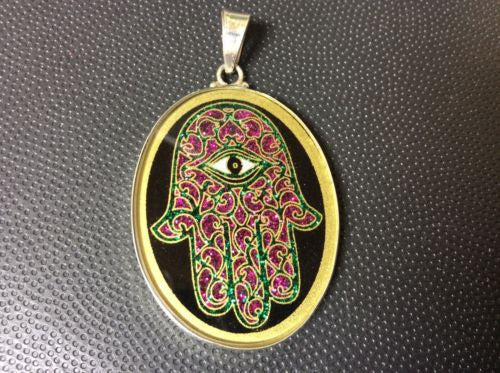 Hamsa Hand Tourmaline Gemstone Medallion Pendant Sterling Silver Frame #Gift