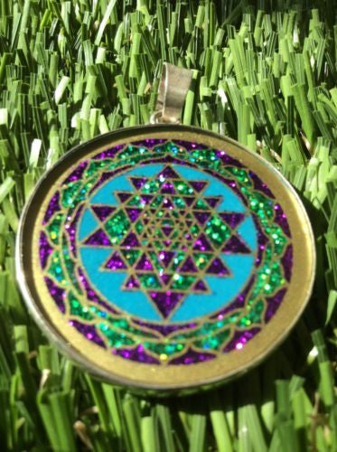 Sri Yantra Om 1.5" Turquoise Gemstone Pendant Necklace Sterling Silver Mystical