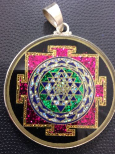Sri Yantra Mandala Tourmaline 1 5/8" Gemstone Medallion Pendant Sterling Silver