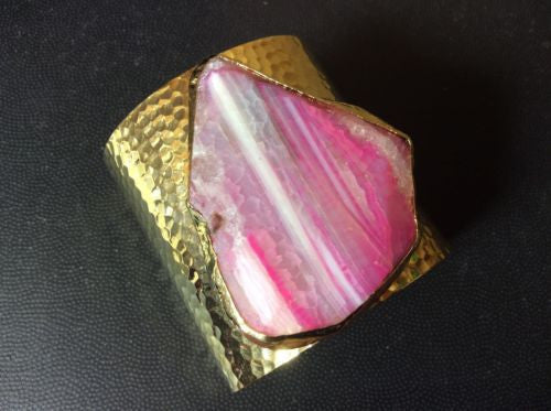NWT 24k Gold Plated Cuff Agate Quartz Emerald Pink Size 2.5" Adjustable Bracelet