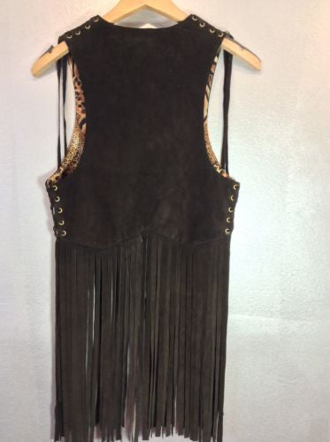 NWT $479 Suede Long Fringe Vest Reversible Silk Lining Adjustable One Size Sexy