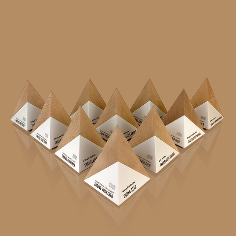 Ten maple awards arranged in formation on a tan khaki background.
