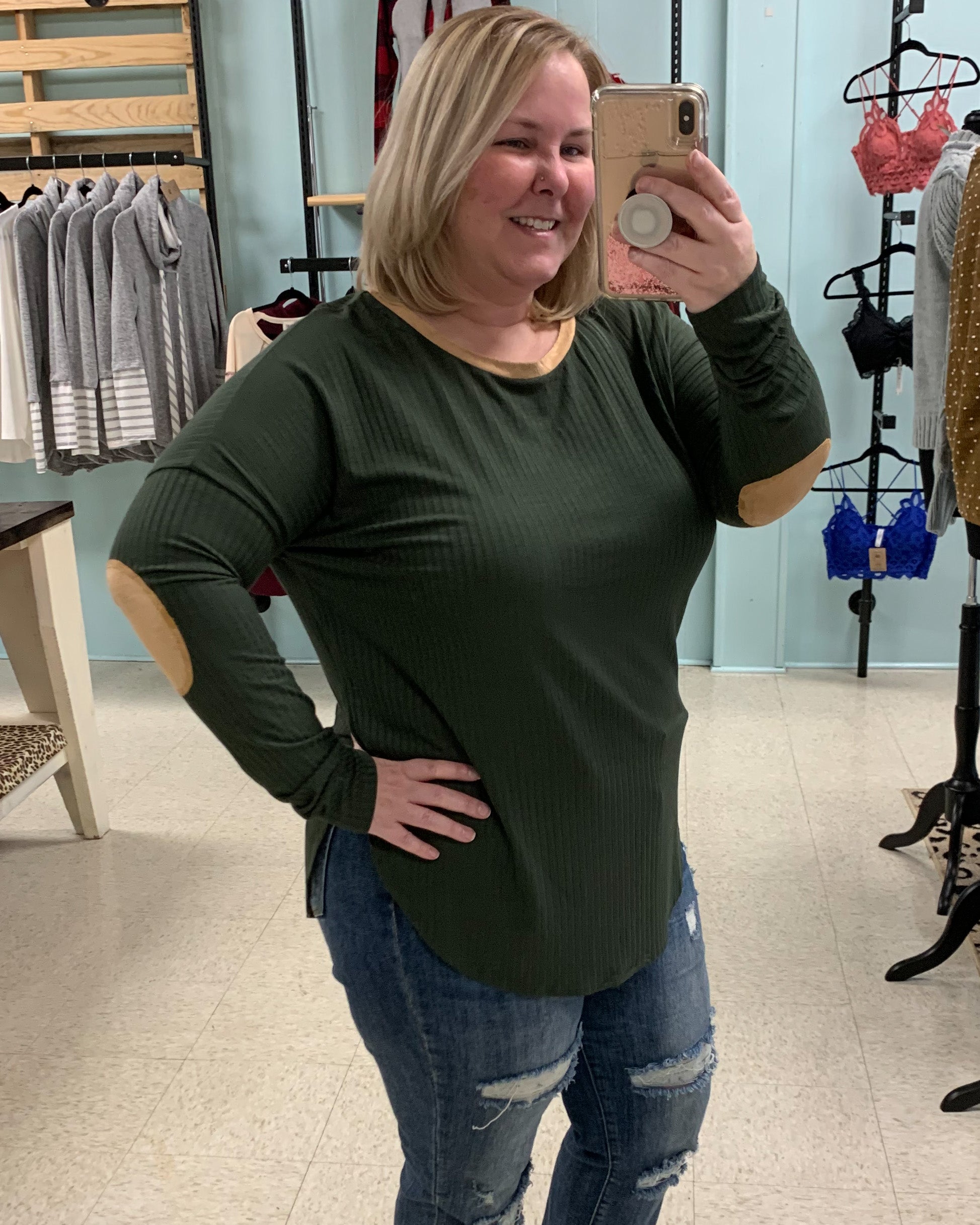 Olive Elbow Patch Top