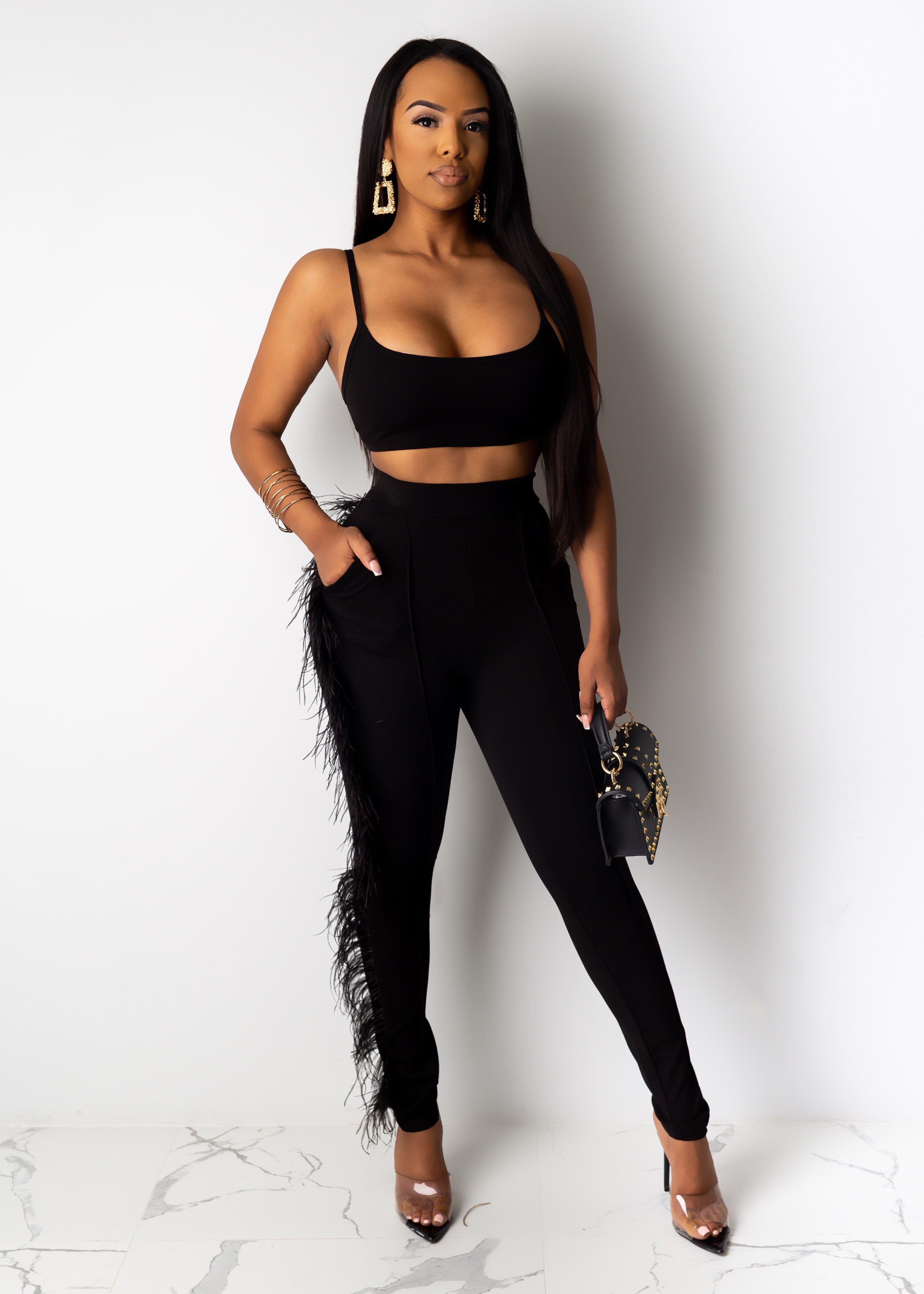 One Side Feather Pant Set