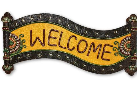 Handmade Decorative Wooden Wall Decor Welcome Sign Yellow And