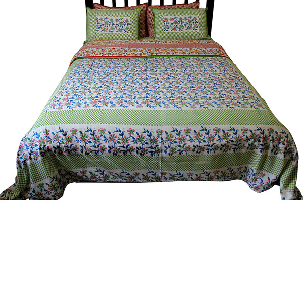 Floral Checker Print Red Green Blue Duvet Cover Set Hand Printed