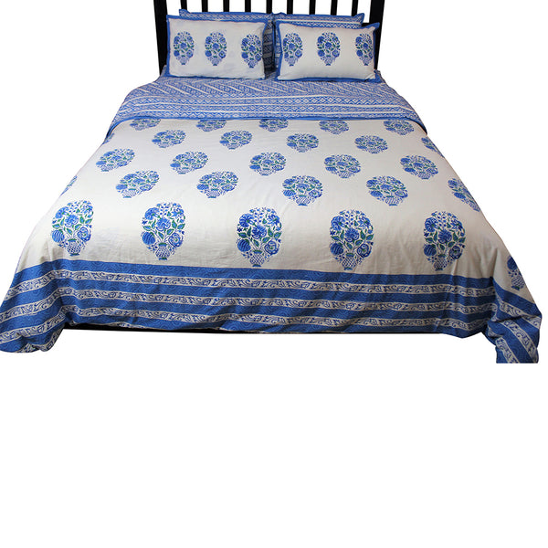 Blue Floral Motif And Moroccan Print Cotton Bedding Set Duvet