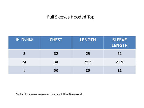 Size Chart of Full Sleeves Hooded Women's Top