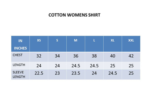 Size Chart- TeeMoods Full Sleeves Cotton Womens Shirt