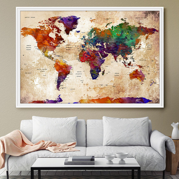 Watercolor Large Map World Push Pin Travel Wall Texture Extra Large Wo Fine Art Center