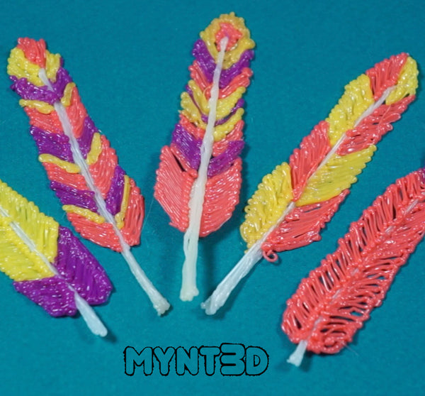 Create colorful DIY feather designs with a 3D printing pen. Get the free printable template from MYNT3D. Make beautiful holiday decorations for Fall, Thanksgiving and Easter. Best kids craft for learning to make art with a 3D pen.