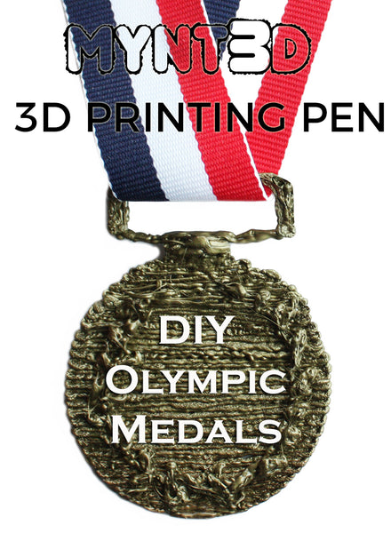 3D printing pen Olympic metals -use the free printable project template from MYNT3D Great decorations for an Olympic themed party, classroom games or costume props