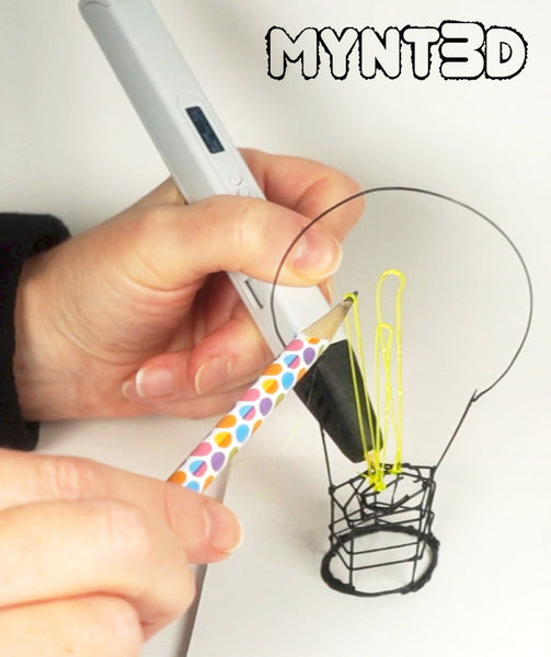 3D printing pen freehand Edison lightbulb line art demonstration lessons in spacial learning, motor skills, perspective and color