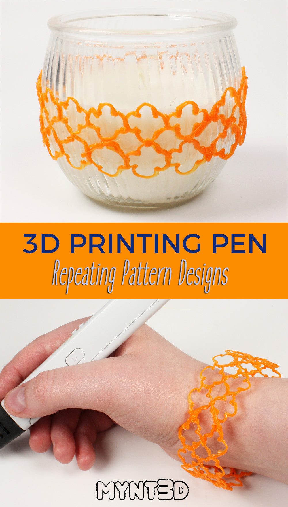 Draw 3D pen bracelets, vase covers, containers and patterned structures with repeat design pattern templates from MYNT3D. Get the free traceable stencils  of herringbone brick, scallop, geometric cubes, basket weave and quatrefoil off the projects page of the website and draw 3D textured shapes and geometric objects.