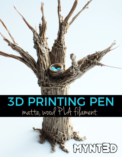 PLA wood filament captures the look and feel of nature with a matte finish. Make trees, stumps, logs, wood products and even animal fur with this specialty 3D printing pen filament from MYNT3D