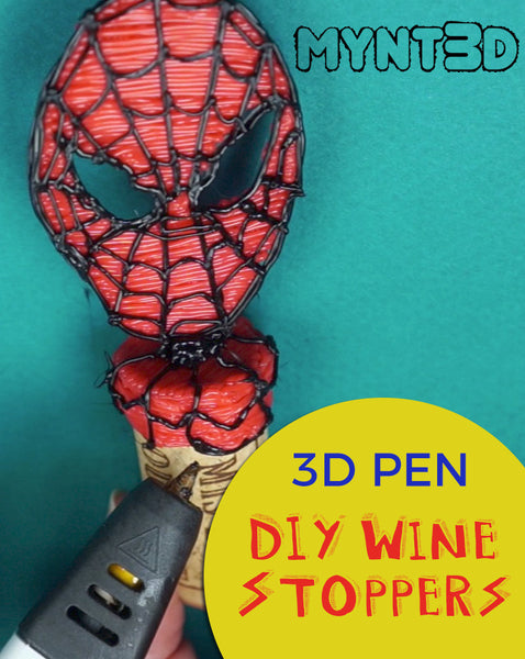 DIY father's day gift ideas using a 3D printing pen and free project template for Superman, Spiderman, Batman wine stoppers from MYNT3D