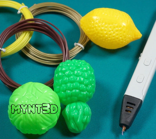 Supplies needed to make a 3D printing pen rainbow unicorn head: MYNT3D pen, ABS filament, plastic forms and scissors