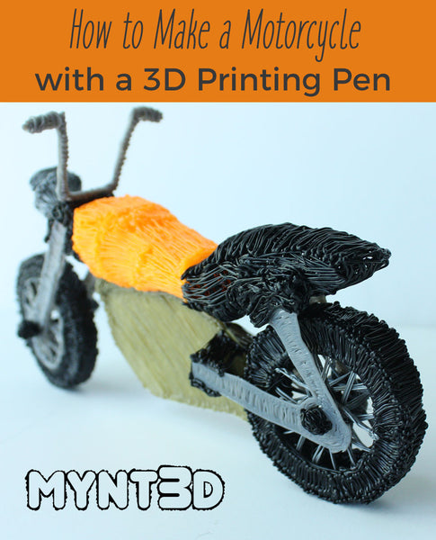 Make a toy or model motorcycle with a 3D printing pen. Keep the kids occupied or start a new hobby that's creative and tech savvy. Check out instructions, video tutorial and free printable instant download stencil for making a DIY motor bike from MYNT3D the best 3D pen on the market