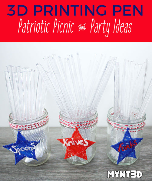 Picnic and Party decorating ideas for celebrating America's holidays Memorial Day, Veteran's Day, Fourth of July, and Flag day with crafts and projects using the MYNT3D printing pen