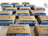 alt="Baby shower soap favours, blue soaps with labels that says - from my shower to yours" 
