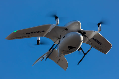 Sky Drone FPV 3 providing communication technology to Wingcopter's BVLOS flight