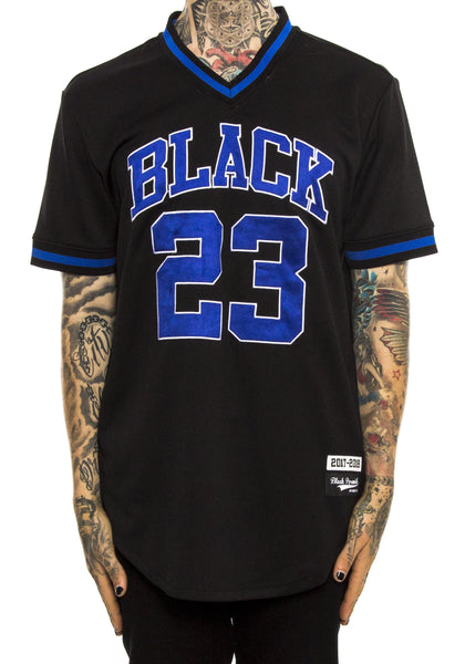 black and royal blue baseball jersey