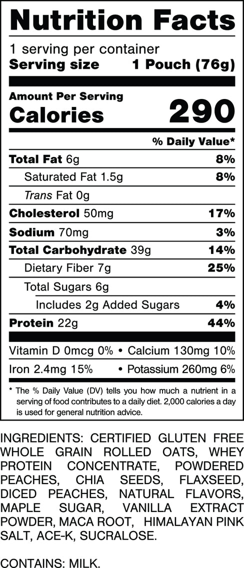 Nutrition Facts.
Serving Size: 1 Pouch (76gram).
Calories: 290.
Total Fat: 6gram 8%.
Saturated Fat: 1.5gram 8%.
Trans Fat: 0gram.
Cholesterol: 50mg 17%.
Sodium: 70mg 3%.
Total Carbohydrates: 39gram 14%.
Dietary Fiber: 7gram 25%.
Total Sugars: 6gram.
Includes: 2gram Added Sugars 4%.
Protein: 22gram 44%.
Vitamin D: 0mcg 0%.
Calcium: 130mg 10%.
Iron: 2.4mg 15%.
Potassium: 260mg 6%.
INGREDIENTS: CERTIFIED GLUTEN FREE WHOLE GRAIN ROLLED OATS, WHEY PROTEIN CONCENTRATE. POWDERED PEACHES, CHIA SEEDS, FLAXSEED, DICED PEACHES, NATURAL FLAVORS, MAPLE SUGAR, VANILLA EXTRACT POWDER, MACA ROOT, HIMALAYAN PINK SALT, ACE-K, SUCRALOSE.
CONTAINS: MILK.