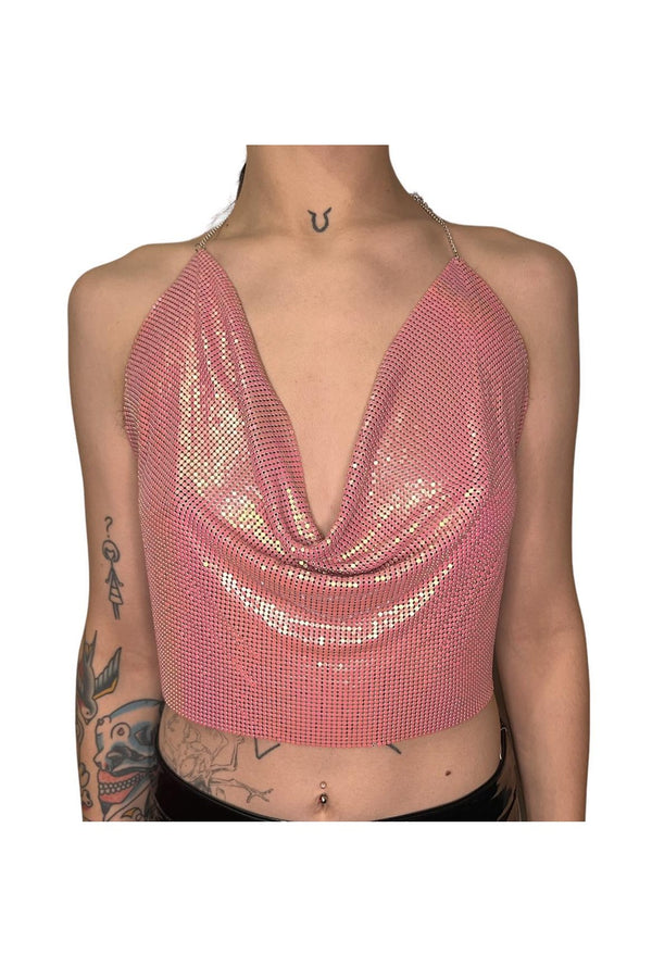 Baby Pink Metal Mesh Crop Top