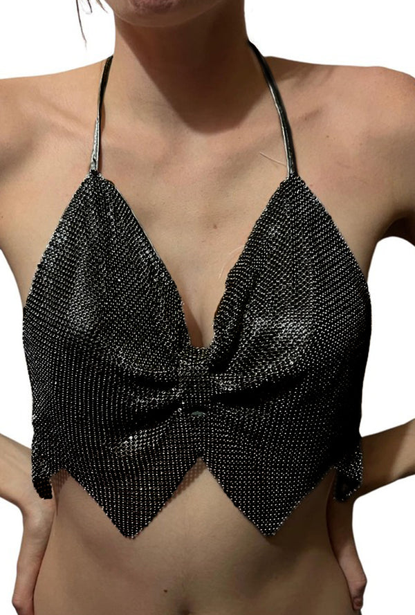 Black Rhinestone Metal Mesh Bow Crop Top