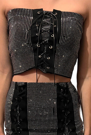 Black & Silver Rhinestone Lace-Up Tube Top