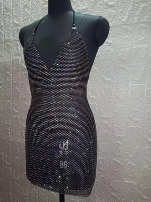 Black Sparkly Halter Mini Dress