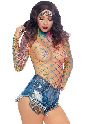 High Necked Rainbow Fence Net Bodysuit