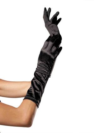 38cm Mid Length Black Satin Gloves