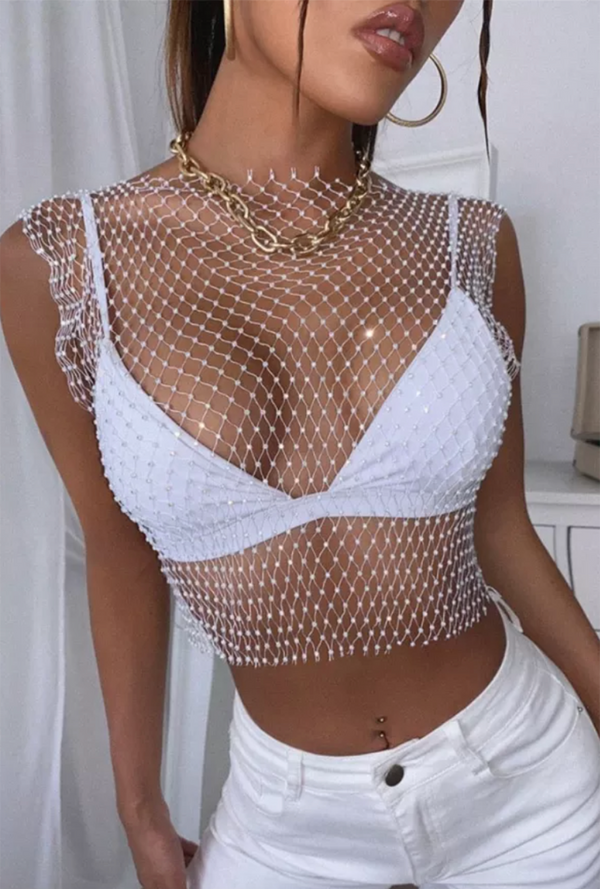 White Rhinestone Fishnet Top