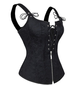 Black Jacquard Strappy Corset With Zip