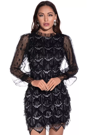 Black Sequin Diamond Long Sleeve Dress