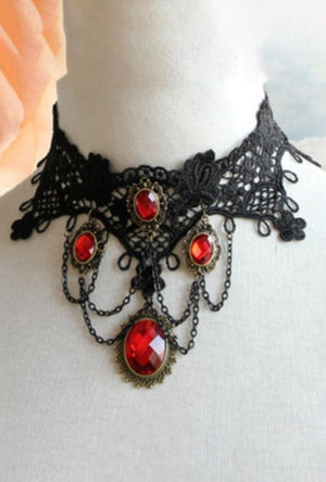 Black Victorian Red Jewel Choker (A)