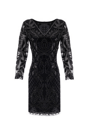 1920s Black Sequin V-Neck Gatsby Dress