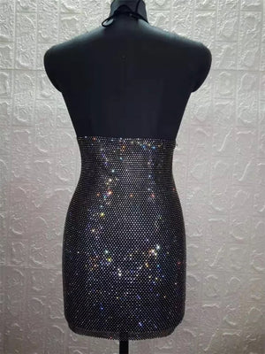 Black Sparkly Halter Mini Dress